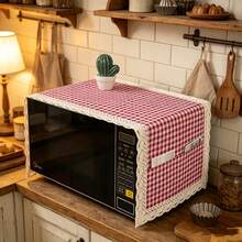 1pc 2-In-1 Microwave Dust Cover With 2 Side Pockets And Exquisite Lace Trim, Polyester Fabric Dust Cloth For Vanity, Coffee Table, Nightstand, Dining Table Cabinet And Home Decor - Red Plaid - View 1