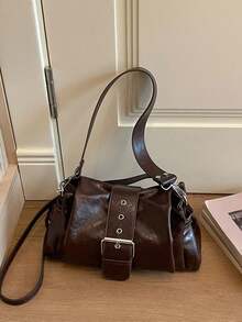 Tas Bahu Retro Bergaya Motor dengan Hiasan Gesper dan Desain Tali Bahu Lebar yang Dapat Dilepas, Cocok untuk Berbelanja, Kencan, dan Bepergian - Kopi - View 8