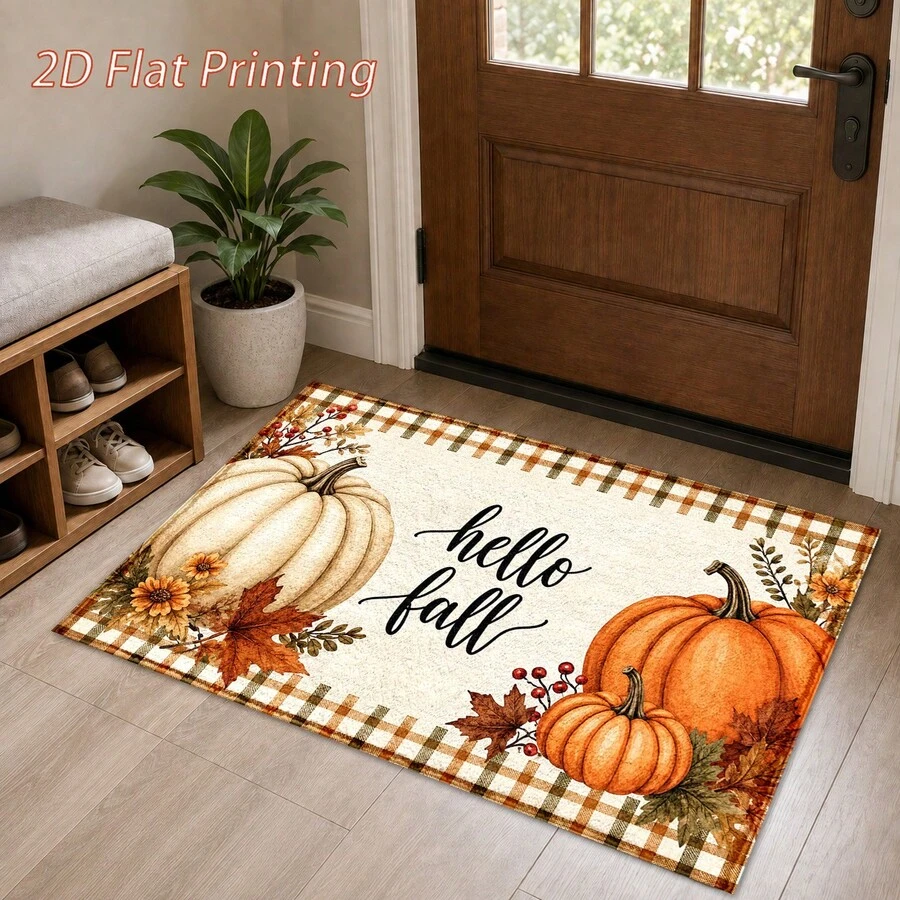 1件 Hello Fall 秋季仿羊絨地毯,白色與橘色南瓜格紋秋葉印花地毯,鄉村農舍風格豐收家居裝飾,適用於玄關、廚房、客廳、臥室 - 彩色 - 查看 1