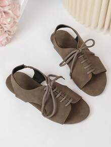 Women's Faux Suede Lace-Up Open Back Flat Sandals, Open Toe Hollow Out Summer Autumn Daily Commute Shoes - Brown - View 3
