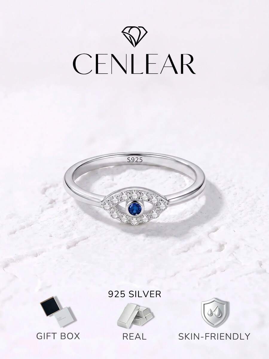 1pc 925 Sterling Silver Minimalist Demon Eye Blue Zirconia Ring, Everyday Wear For Women