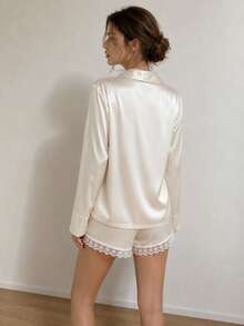 New Autumn Long Sleeve Pajama Set With White Lace Trim Shorts, Elegant Casual Loungewear - White - View 2