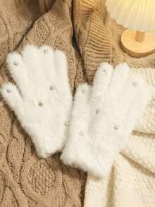 1 Pair Plush Star Gloves, Winter Cold-Proof Thick Warm, Women's Cute Cartoon Design, Flexible & Convenient, Suitable For Christmas Autumn/Winter - Multicolor - View 2