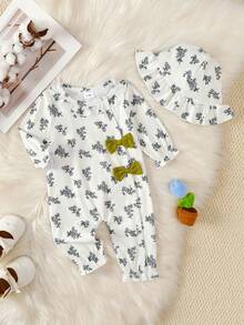 BrownBark 2pcs Baby Girls Autumn Floral Pattern Long Sleeve Romper Set With Sun Hat, Soft Comfortable Ruffle Collar Bowknot Crawler Outfit For Newborn Girls 0-18 Months - White - View 2