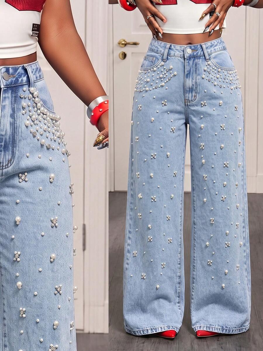 Women's Casual Versatile Denim Jeans With Pockets, Buttons And Faux Pearl Decor - Blue - View 1
