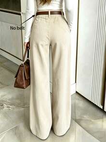 Women's Casual Commuter Fashion Solid Color High Waist Corduroy Wide Leg Pants [No Belt] - Apricot - View 2
