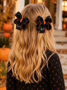 2 kẹp tóc nơ vải kẻ caro đen trắng Halloween, kẹp tóc nơ thêu chữ Boo, phụ kiện tóc thời trang cho trẻ em, quà tặng lễ hội Carnival - Nhiều màu - Xem 2