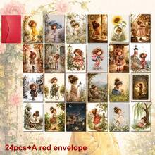 24pcs+1 Red Envelope Set Playful Seasonal Postcard Set, Featuring Charming Girl Illustrations And Warm Greetings, Suitable For Friends And Family, Daily Use, Vintage Aesthetic Stationery - Sets - View 13