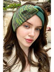 DUOJIAOYAN 1pc Autumn/Winter New Cross Gradient Dual-Color Patchwork Wide Elastic Hair Band, Sports Cold-Proof Warm Headband Accessory - Multicolor - View 8