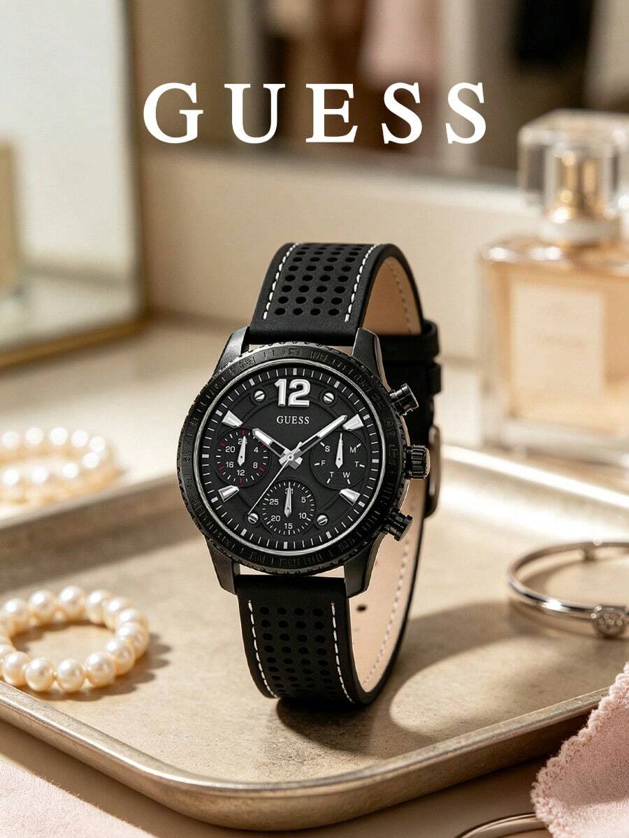 GUESS W1025L3 女款石英計時碼錶,槍灰色錶殼,測速錶圈,黑色錶盤,穿孔矽膠錶帶,女款運動手錶 - 寬1025長3 - 查看 1