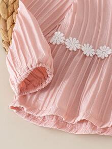 2pcs Baby Girl Forest Pastoral Style Vertical Pleated Floral Lace Trim Hem Petal Sleeve Round Neck Top With Matching Fabric Wide Leg Pants Set Spring Autumn - Dusty Pink - View 5
