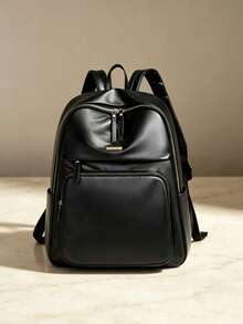 Men's Solid Color PU Glossy Backpack With Multiple Zippers, Casual Daily Use, Large Capacity Travel And Work Backpack With Side Pockets - Black - View 1