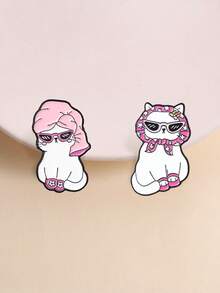 2Pcs Cool Girl Style Cat Enamel Brooch Set, Pink Headscarf Fashion Glasses Kitty Lapel Pin Pack, Badge For Backpack Jacket Clothing Decor - Multicolor - View 2