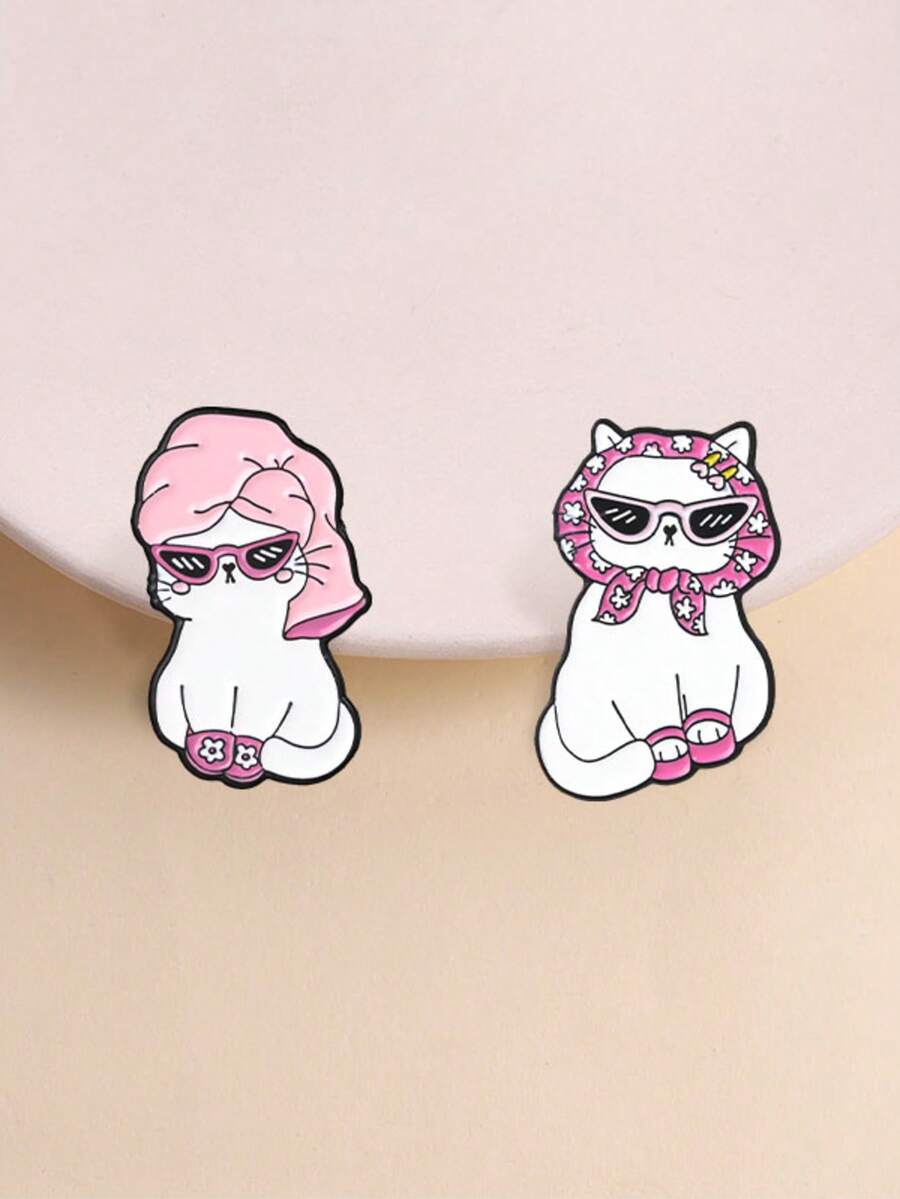 2Pcs Cool Girl Style Cat Enamel Brooch Set, Pink Headscarf Fashion Glasses Kitty Lapel Pin Pack, Badge For Backpack Jacket Clothing Decor
