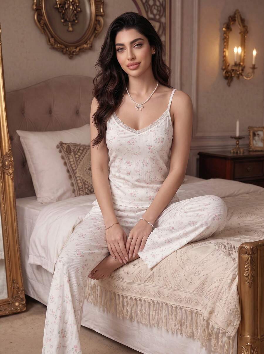 Women's Sweet Ditsy Floral Camisole Pajama Set, V-Neck Lace Trim Design, Soft Flowing Wide Leg Pants - Champagne - View 1