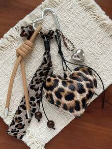 1pc,Leopard Print Heart Bag Charm, Y2K Vintage Keychain With Bow Ribbon, Cute Carabiner Pendant For Handbags, Backpacks & Everyday Accessories - Multicolor - View 8