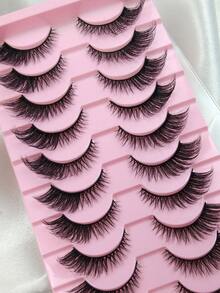 10 Pairs Fox Eye & Cat Eye False Eyelashes, Flared Ends Elongate Eyes, Fluffy Soft Natural Long Faux Mink Lashes Sexy Makeup Effect - Black - View 6