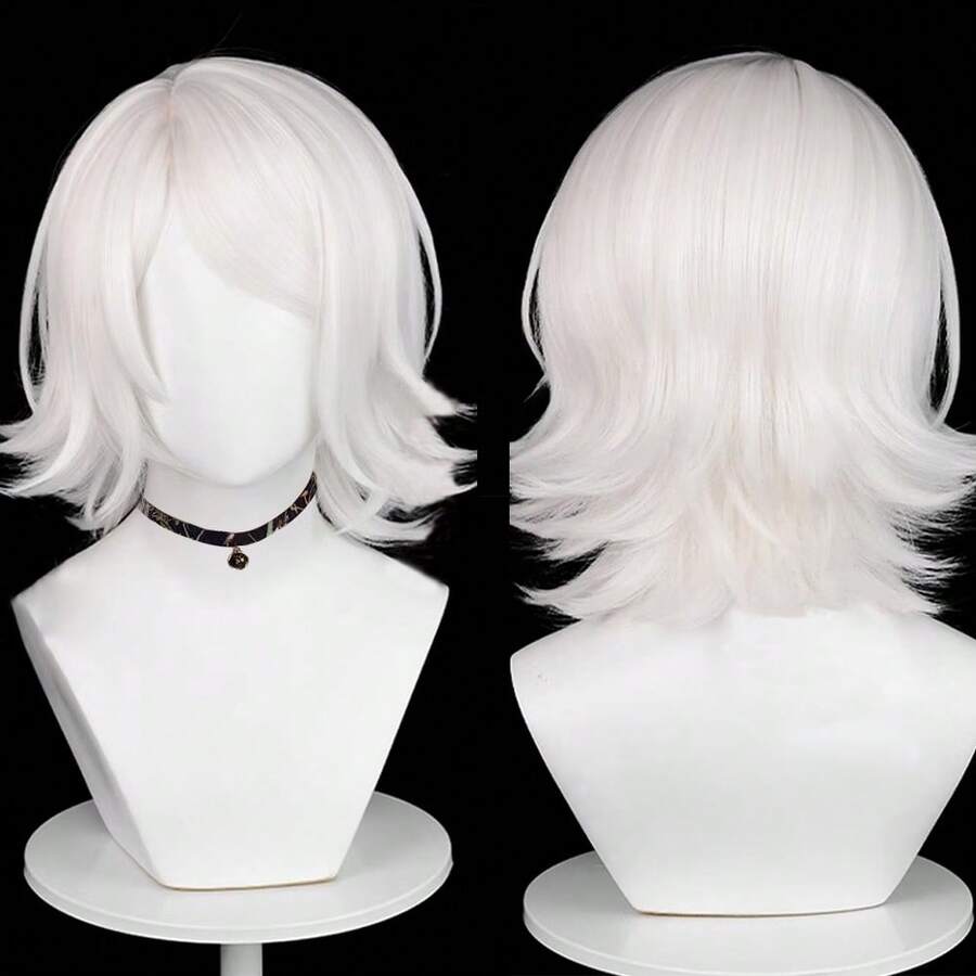 White Men Synthetic Short Straight Wigs With Bangs Heat Resistant Anime Game Cosplay Fluffy Wig For Daily Party, Halloween - White - View 1