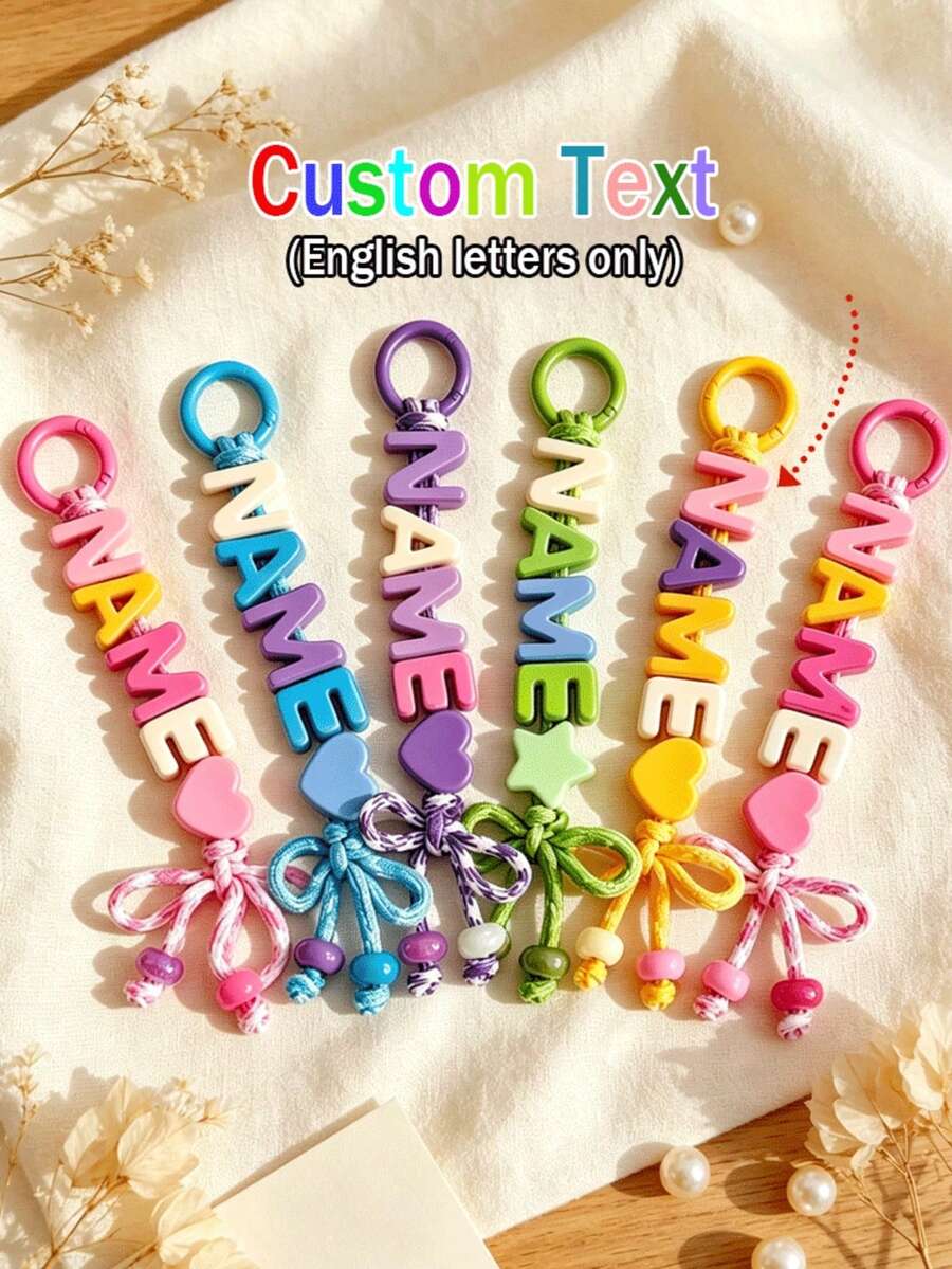 [Customized]1pc Personalized Acrylic Beaded Keychain, Handmade Nylon Rope, Acrylic Heart/Star Decoration, Birthday Gift, Backpack Decoration - Multicolor - View 1