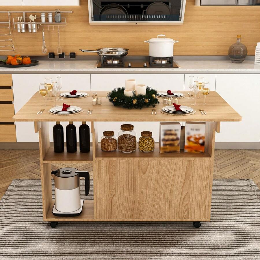 110x70x80 Cm Rectangular Folding Mobile Dining Table / Multifunctional Kitchen Island In Modern Style / With 5 Shelves And 5 Swivel Casters (4 Lockable) / Space-Saving / For Kitchen, Apartment, Office, Student Residence - Light Oak - View 1