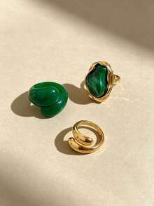 3pcs Water Drop Asymmetrical Green Textured Resin & Gold Metal Rings Set, Classic Old Money Style Elegant Sophisticated Women's Rings For Daily Wear, Party, Music Festival, Street Style, Beach, Vacation, Bikini - Water Drop - View 2