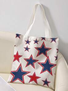 1pc Five‑Pointed Star Print Canvas Tote Bag, Large Capacity Hand‑Held Shoulder Bag,Reusable Shopping Bag For Music Festival Party Daily Packing Books - Multicolor - View 9