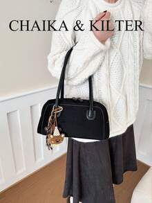 CHAIKA & KILTER 1pc Solid Color Suede Fabric Women's Vintage Fashion Matte Shoulder Bowling Bag With Contrast Quilted Stitching, Double Handle Design, Zipper Closure, Suitable For Daily And Street Use - Black - View 6