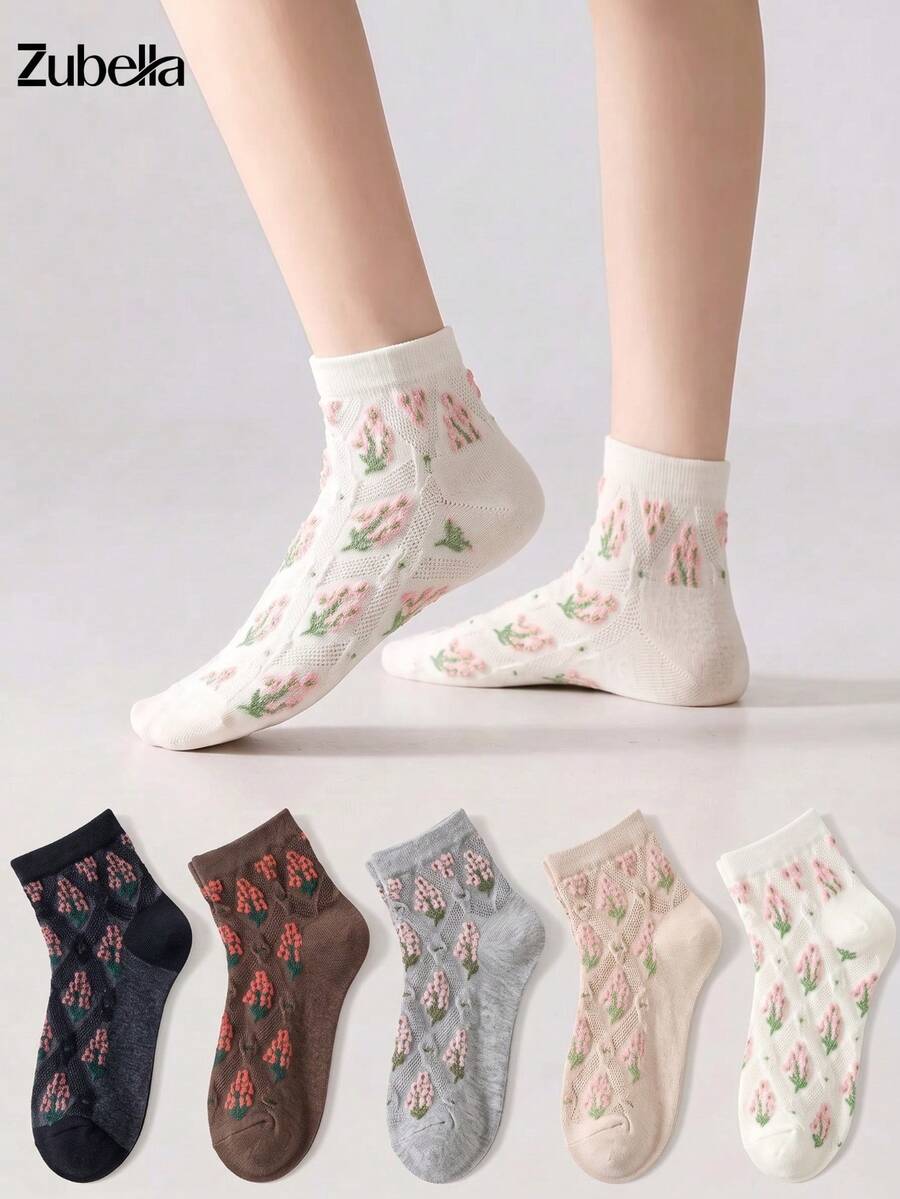 5 đôi tất ngắn nữ ngọt ngào, tất cổ chân/bắp chân họa tiết hoa 3D, phù hợp mặc ở nhà và đi du lịch, đơn giản thoải mái, mặc được quanh năm - Nhiều màu - Xem 1