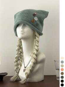 Wool-Blend 2-In-1 Soft Cute Cat-Ear Button Slouchy Beanie Hat For Women Fall Winter Warm Cold Hat - Rolled Edge Button Pin Stackable - View 4