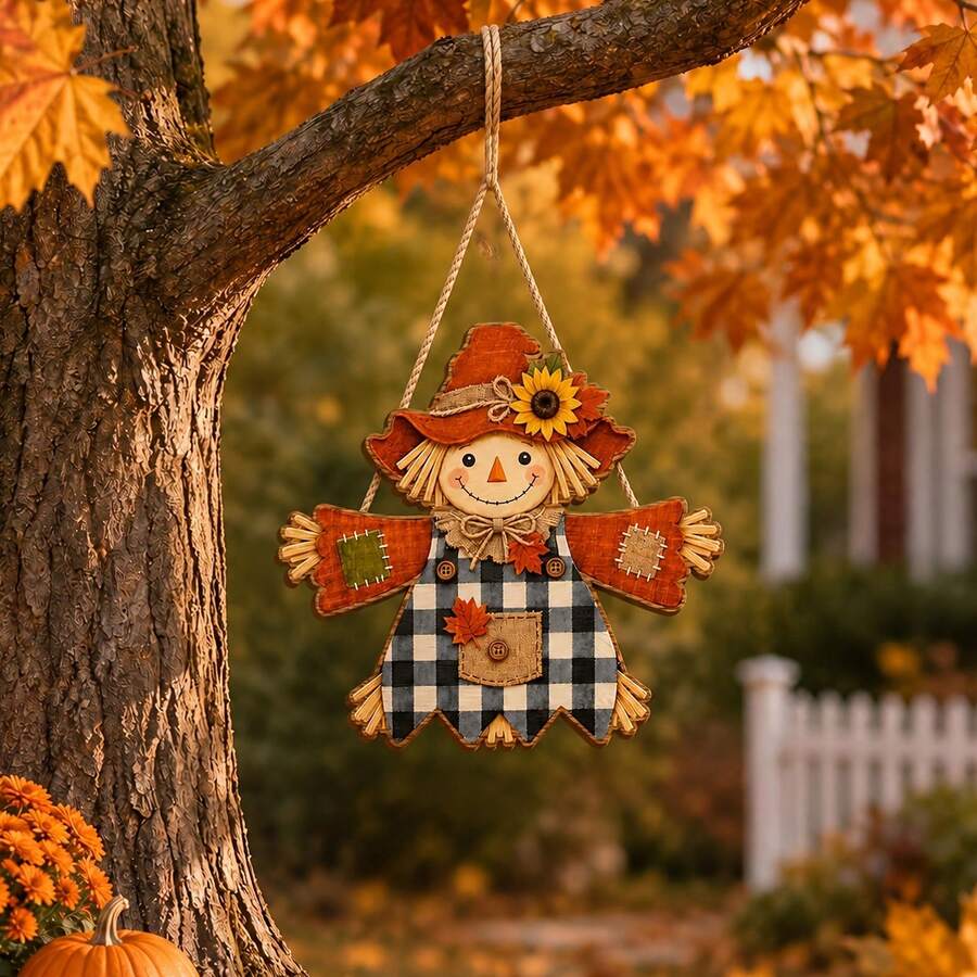 1pc Autumn Scarecrow Wooden Hanging Sign - Rustic Autumn Scarecrow Welcome Sign, Suitable For Front Door, Porch, Wall And Harvest Theme Home Decor, Indoor And Outdoor Use - D - View 1