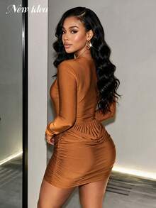 NEW IDEA Women Sexy Elegant Brown Fall Winter Long Sleeve Short Dress, Ruched Bodycon Dress For Night Out, Party, Going Out, Low‑Key Luxe Gathering - Brown - View 4