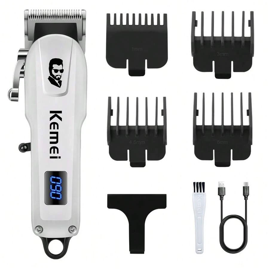 Kemei Professional Hair Clipper, LCD Digital Display Wireless Hair Trimmer, Type-C Fast Charging Stainless Steel Blade Hair Clipper, Suitable For Men's Salon Home Hair Cutting And Trimming Set