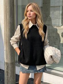 Alicedudu Women's Autumn/Winter Minimalist Round Neck Side Slit Design Pullover Vest - Black - View 3