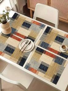 1pc Geometric Pattern Printed Table Runner, 4pcs Geometric Pattern Printed Placemats, Suitable For Holidays, Parties, Birthdays, Dinner, Kitchen Dining Table Decoration, All Season Room Decor, Home Textile Decoration Table Runner - Multicolor - View 16