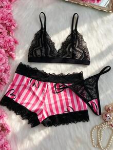 Pink & Black Striped Heart Print Lace Trim 4-Piece Set, Sweet Cool Sexy Loungewear Camisole Set - Hot Pink - View 6