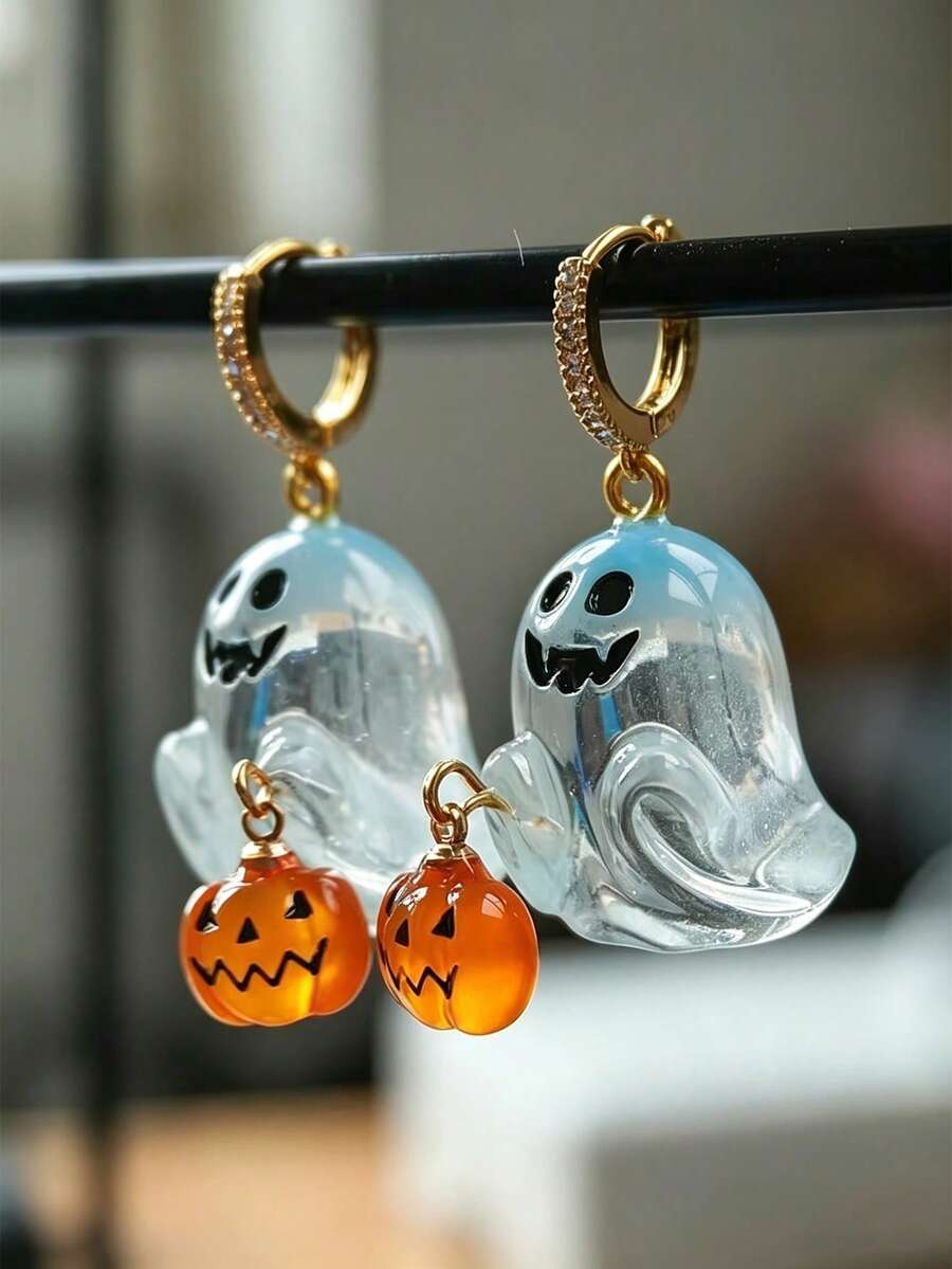 1 Pair Of Rhinestone-Embellished Halloween Ghost & Pumpkin Hoop ...