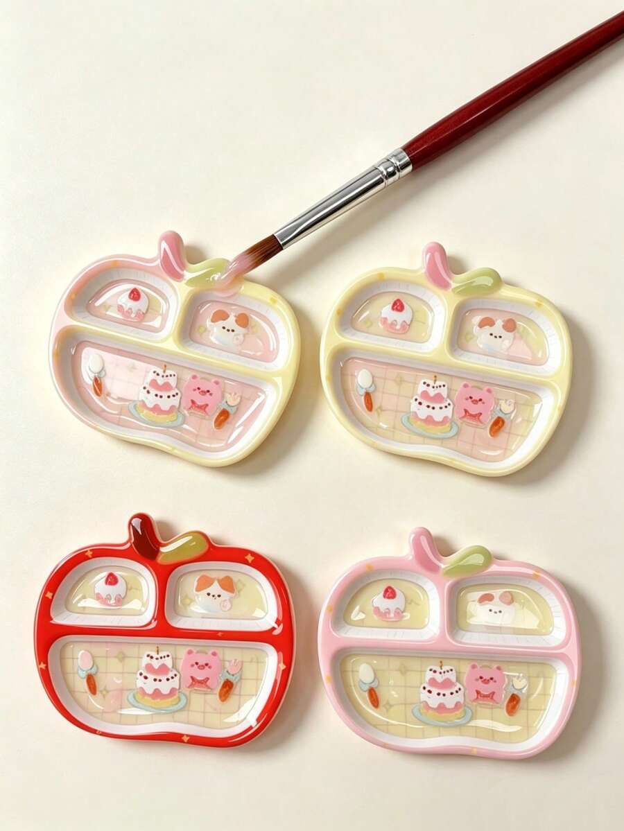 1個迷你蘋果造型美甲調色盤,3格美甲水鑽與珍珠收納盤,多功能美甲凝膠調色盤,可愛塗鴉水彩盒 - 彩色 - 查看 1