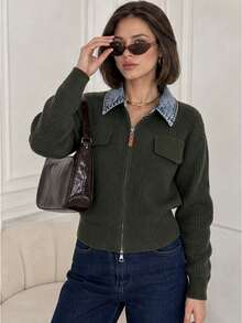 Wixra Women Denim Lapel Zip‑Up Ribbed Knit Cardigan Long Sleeve Patch Pockets Cropped Sweater Jacket - Dark Green - View 6