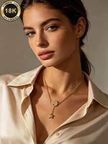 TONSI 1pc Luxury Fashion Minimalist Exotic Bohemian Style 18K Gold Plated Stainless Steel Rhinestone Moon & Star Y-Shaped Pendant Necklace, Versatile Hypoallergenic Star & Moon Pattern Collarbone Chain, Saudi National Day Muslim Festival Gift, Suitable For Women's Daily Commute, Holiday, Date Accessory - Gold - View 4