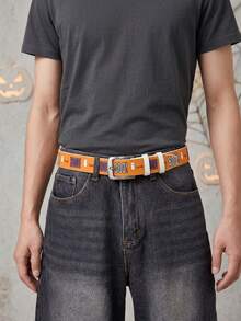 1pc Halloween Element Men's Denim Sunrise Commute Fashion Street Style Belt - Coral Orange - View 12