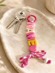 [Customized]1pc Personalized Acrylic Beaded Keychain, Handmade Nylon Rope, Acrylic Heart/Star Decoration, Birthday Gift, Backpack Decoration - Multicolor - View 4