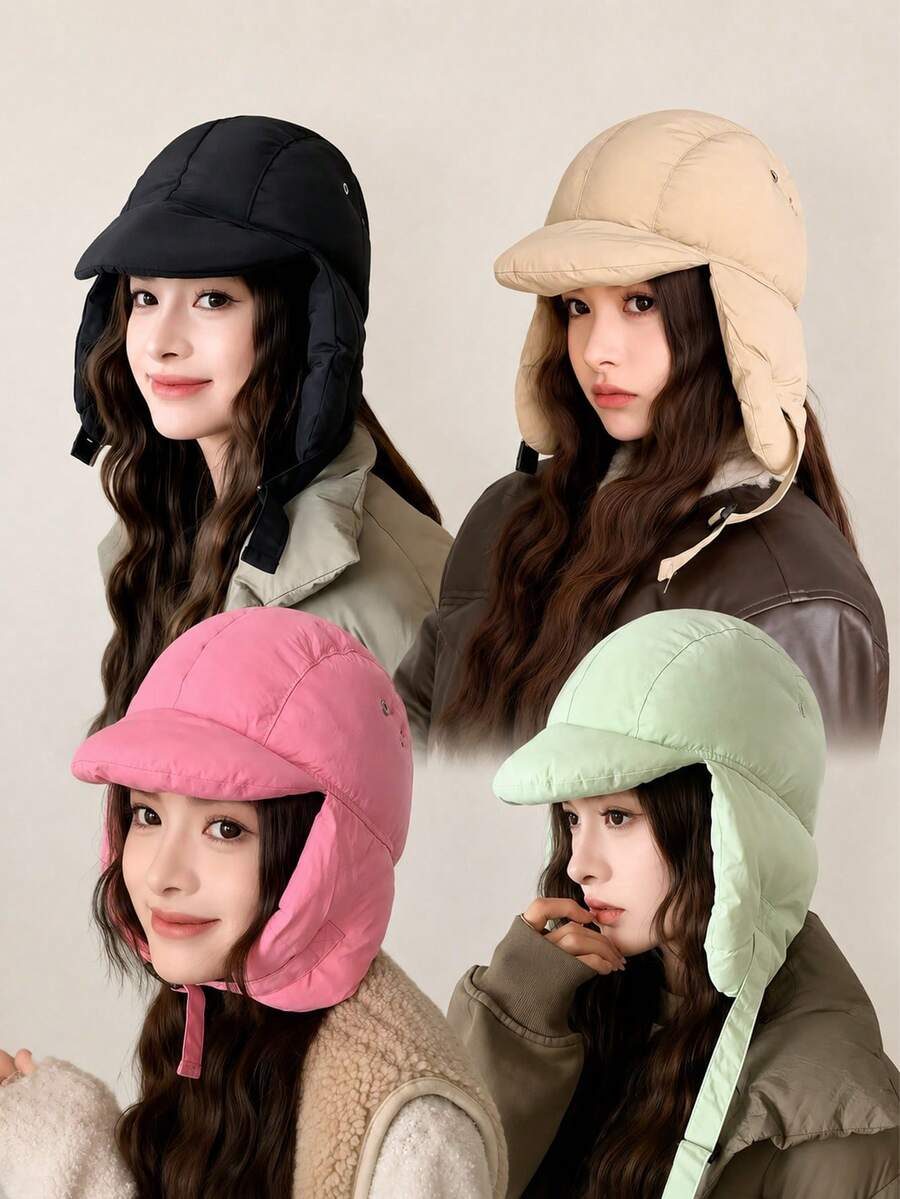 Topi Aviator Tebal Warna Solid Modis, Topi Ringan Pelindung Telinga dengan Pinggiran dan Tali yang Dapat Diatur, Topi Musim Dingin Hangat Tahan Angin, Cocok untuk Pemakaian Sehari-hari di Luar Ruangan, Topi Musim Dingin