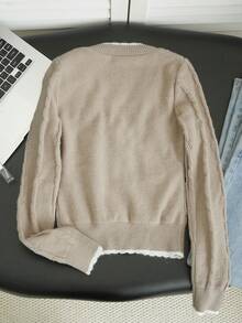 2026 Preppy Cable Knit V-Neck Contrast Color Cardigan, Anti-Aging Style Knitwear, Spring/Autumn Daily Campus Commute, Stretchy Knit Fabric Slimming Cardigan For Women 18-35 Years Old - Khaki - View 7