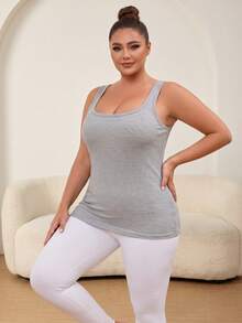 Plus Size Ribbed Built-In Bra Tank Top, Wide Strap Scoop Neck Cami, Non-Removable Pads Fall Workout & Activewear - Grey - View 5