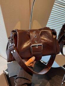 Tas Bahu Retro Bergaya Motor dengan Hiasan Gesper dan Desain Tali Bahu Lebar yang Dapat Dilepas, Cocok untuk Berbelanja, Kencan, dan Bepergian - Kopi - View 13