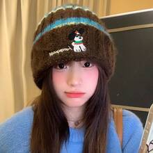 3pcs Vintage Colorblock Striped Plush Knit Beanie, Cartoon Puppy Embroidered Letter Cold Weather Hat, Autumn/Winter Outdoor Warm Versatile Ear-Flap Woolen Cap - Multicolor - View 2
