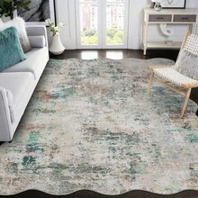 Wanfeeso Scalloped Edge Abstract Area Rug, Distressed Vintage Washable Carpet, Modern Boho Non-Slip Soft Floor Mat For Living Room Bedroom Home Decor - Multicolor - View 2