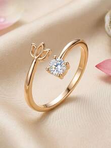 Gift Box Elegant Gold Tulip Ring, Inlaid With Sparkling Cubic Zirconia And Adjustable Open Band, Suitable For Women's Daily Wear Or Holiday Gifts - Gold - View 2