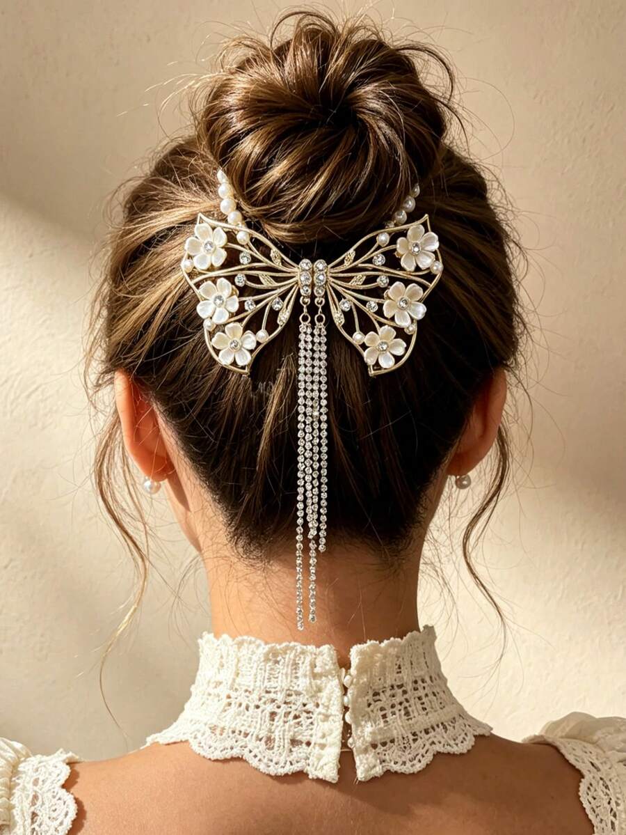1pc Premium Butterfly Tassel Hair Clip For Women, Pearl Flower Rhinestone Hair Accessory, Elegant Luxury Updo Hair Clip - Multicolor - View 1