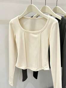 Women's Square Neck Apricot Long Sleeve T-Shirt, Ribbed Dralon Base Layer Top, Autumn/Winter Thermal Lined Thickened Innerwear, Fishbone Stitch - Apricot - View 6